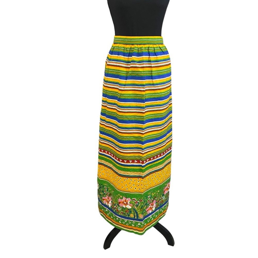 Vintage 1970s Multi Color Striped Floral Maxi Skirt Handmade Small